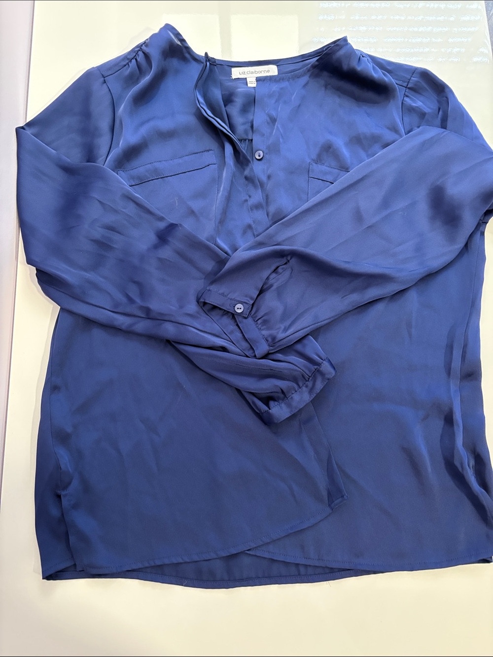 Liz Claiborne Navy Blue Polyester Long Sleeve Blouse Button Up